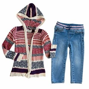 Y2k Toddler Girl Boho Knit Mixed Media Cardigan & Matching Jeans Set 3T
